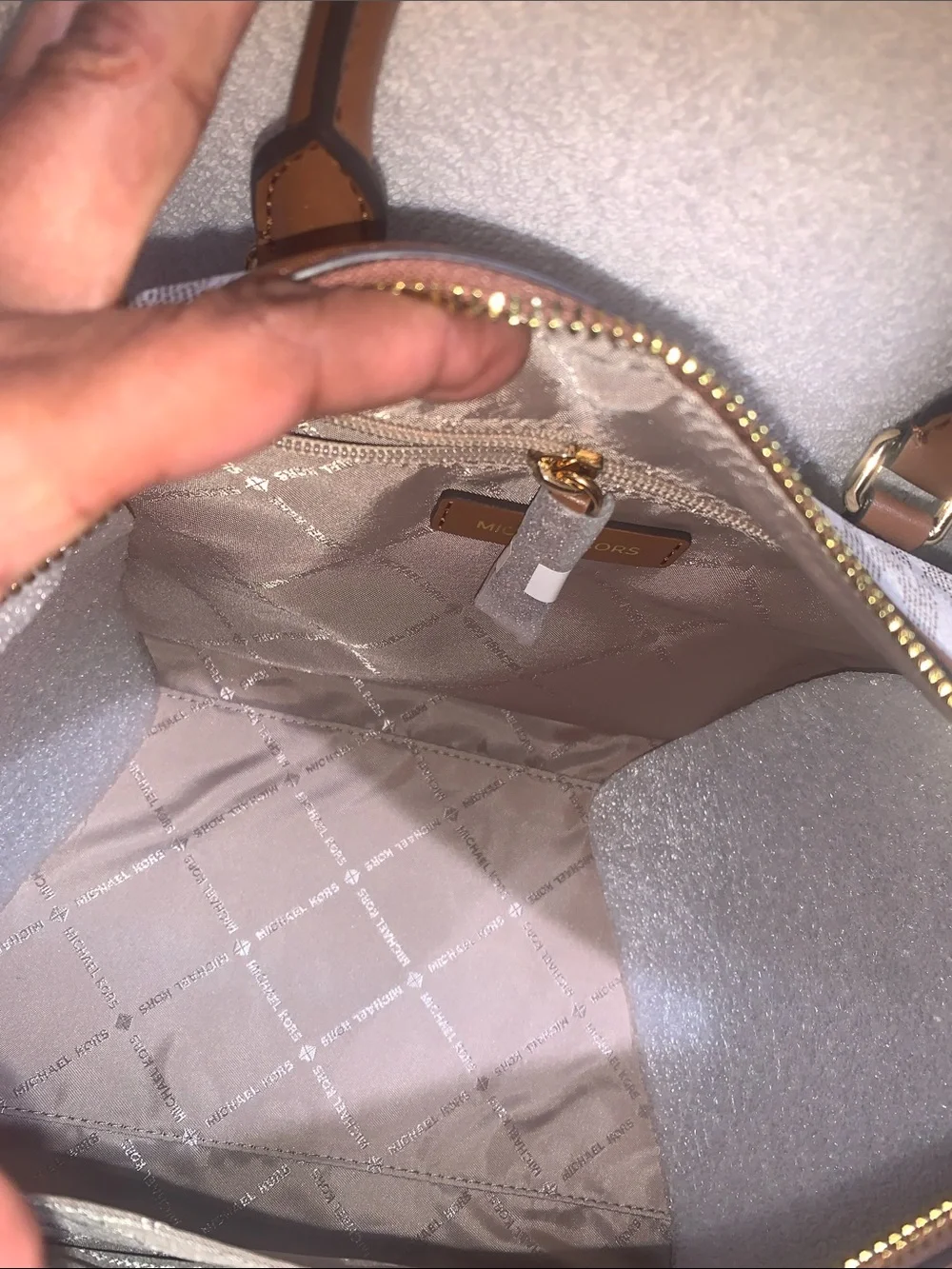Michael Kors Brown and Cream MK Signature Satchel with Stripe